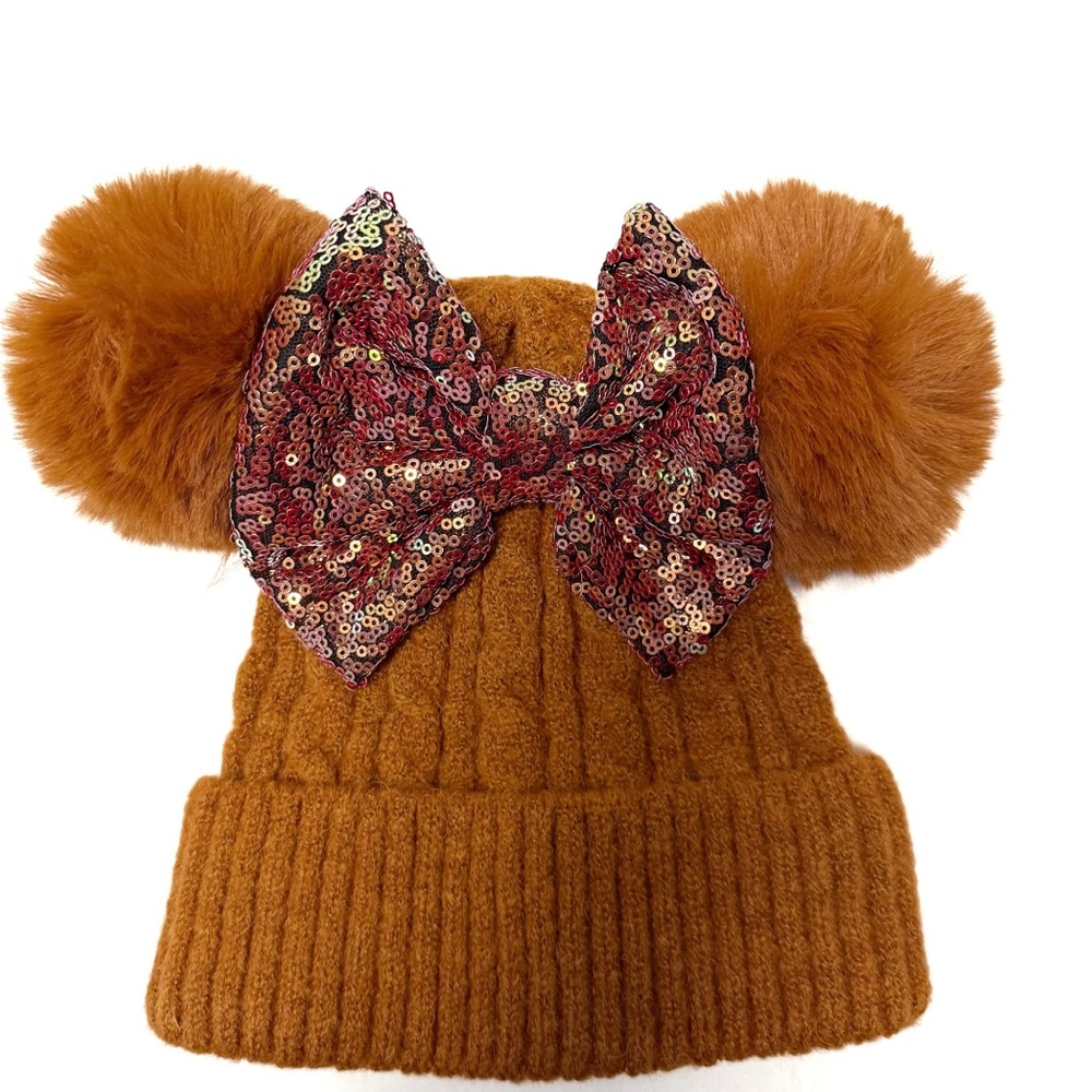 Disney Inspired Mouse Ears Beanie with Sequin Bow, Adult Knit Hat